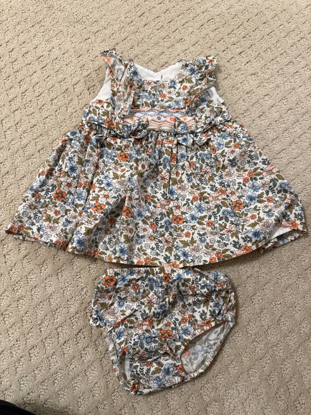 Bonnie Baby White Floral Dress & Bloomers - Blue, Orange, Green